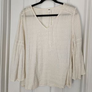 White & Gold Linen Boho Bell Sleeve Top